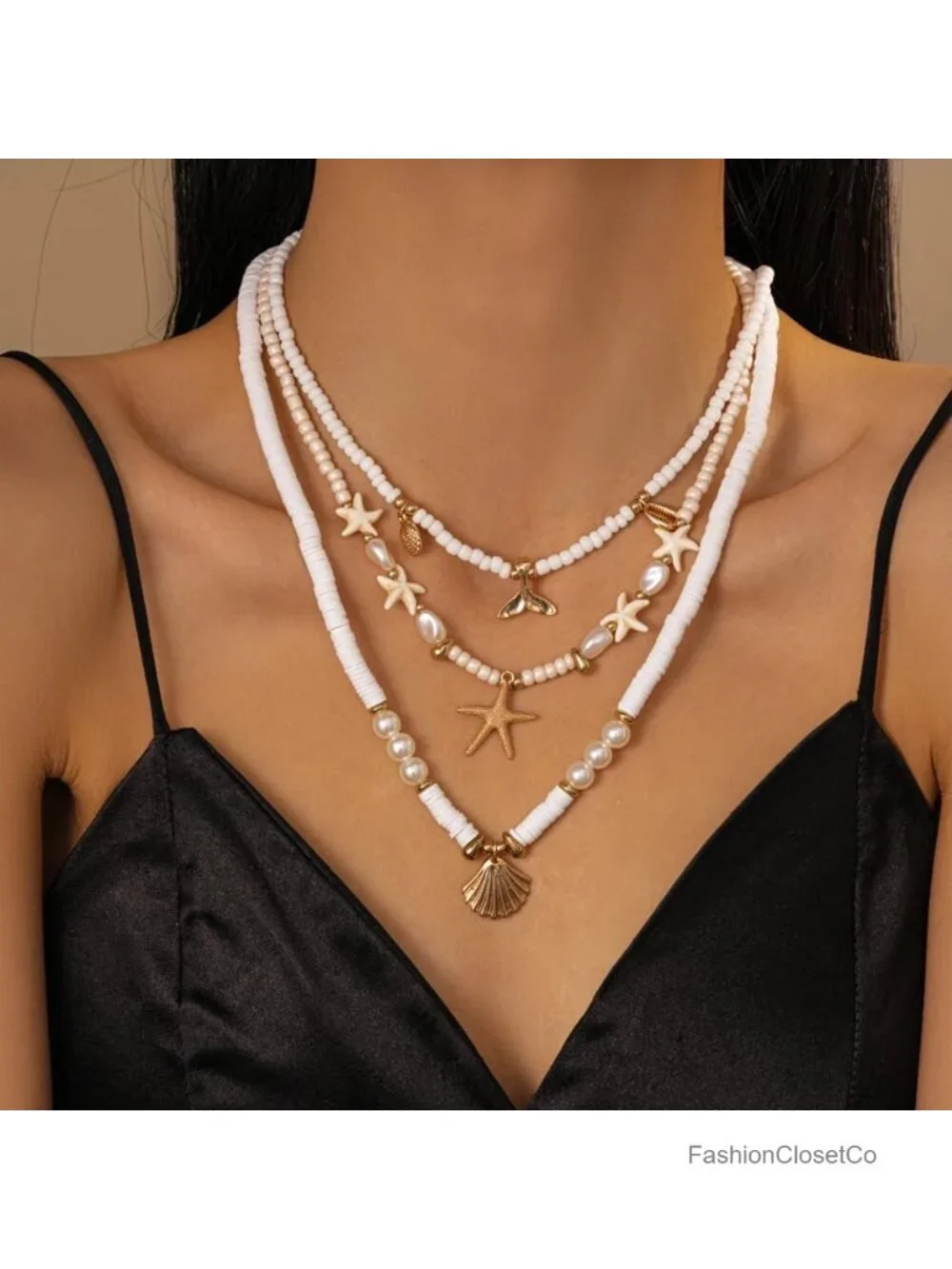 18k Gold Plated Starfish Seashell Charm Necklace Adjustable Beachy Stackable